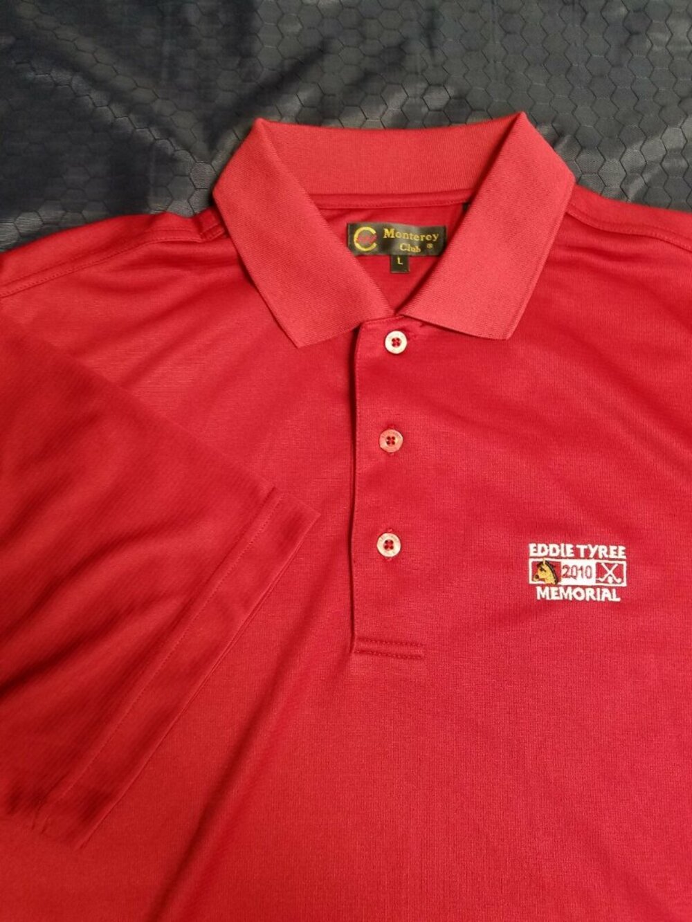 MONTEREY CLUB L SHORT SLEEVE RED GOLF POLO EDDIE TYREE MEMORIAL LOGO NICE